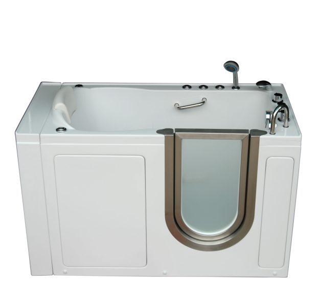 a walk-in tub with a transparent door